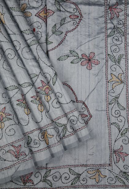Gray Black Tussar Silk Saree with Without Zari Zari Floral Patterns