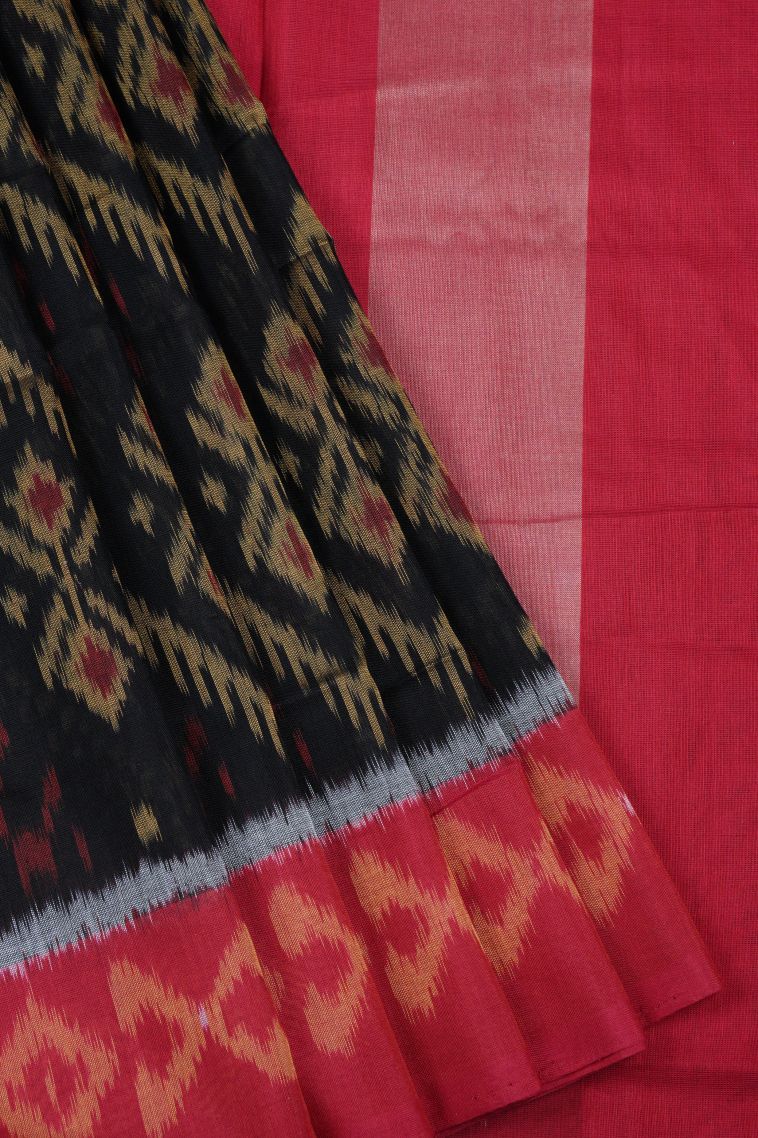 Asphalt Black Ikkat Cotton Sarees with Without Zari Zari Geometric Shapes view 1