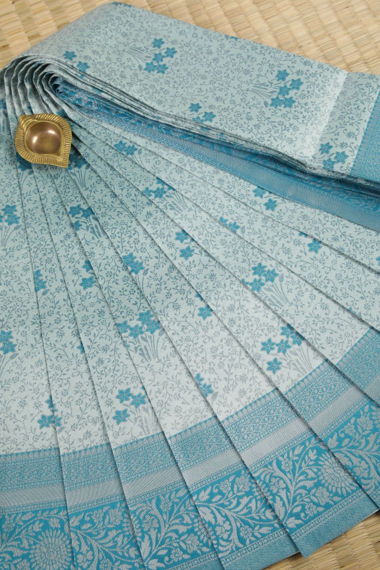 Sky Blue Visiri Madippu Silk Sarees with Silver Zari Floral Patterns view 1