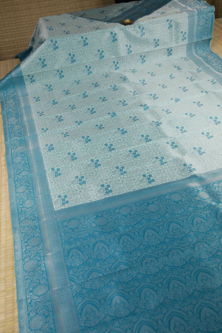 Sky Blue Visiri Madippu Silk Sarees with Silver Zari Floral Patterns view 2
