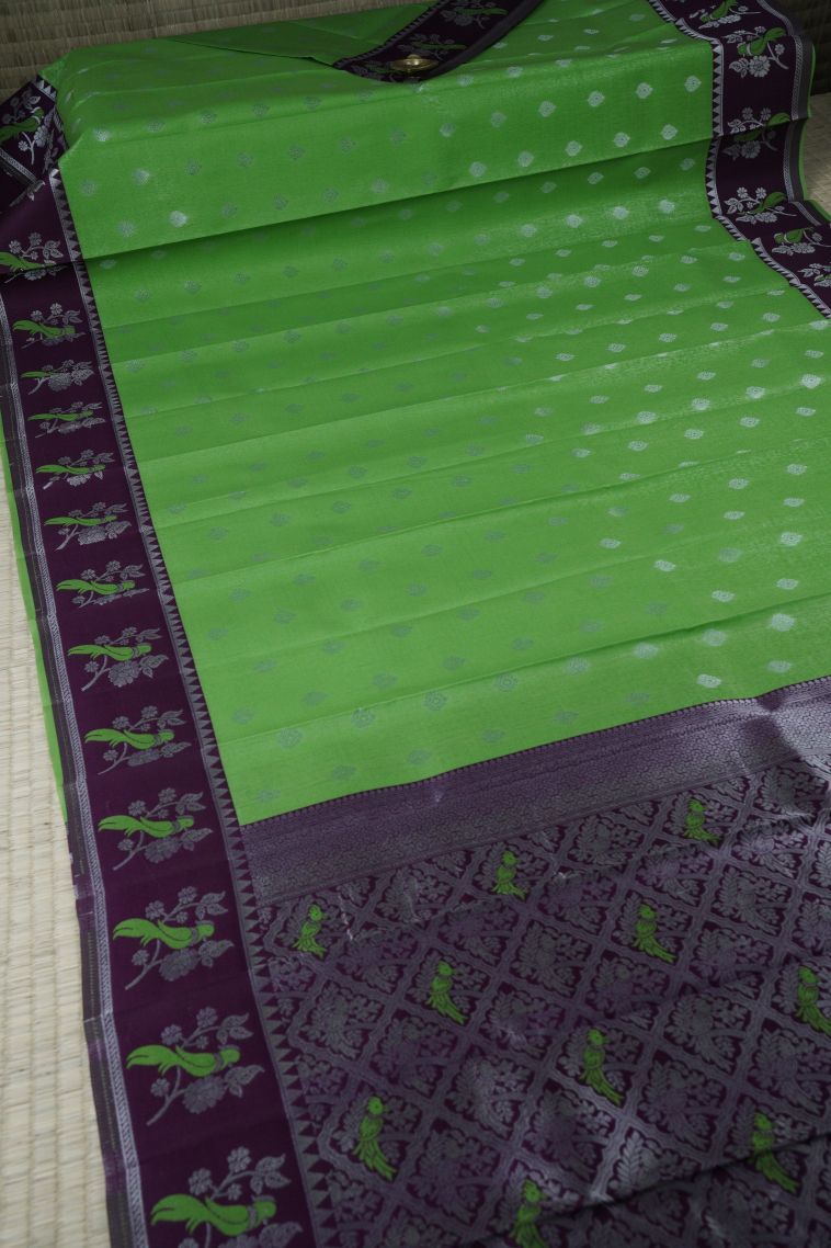 Parakeet Green Visiri Madippu Silk Sarees with Silver Zari Buttis (small Dots Or Motifs) view 2