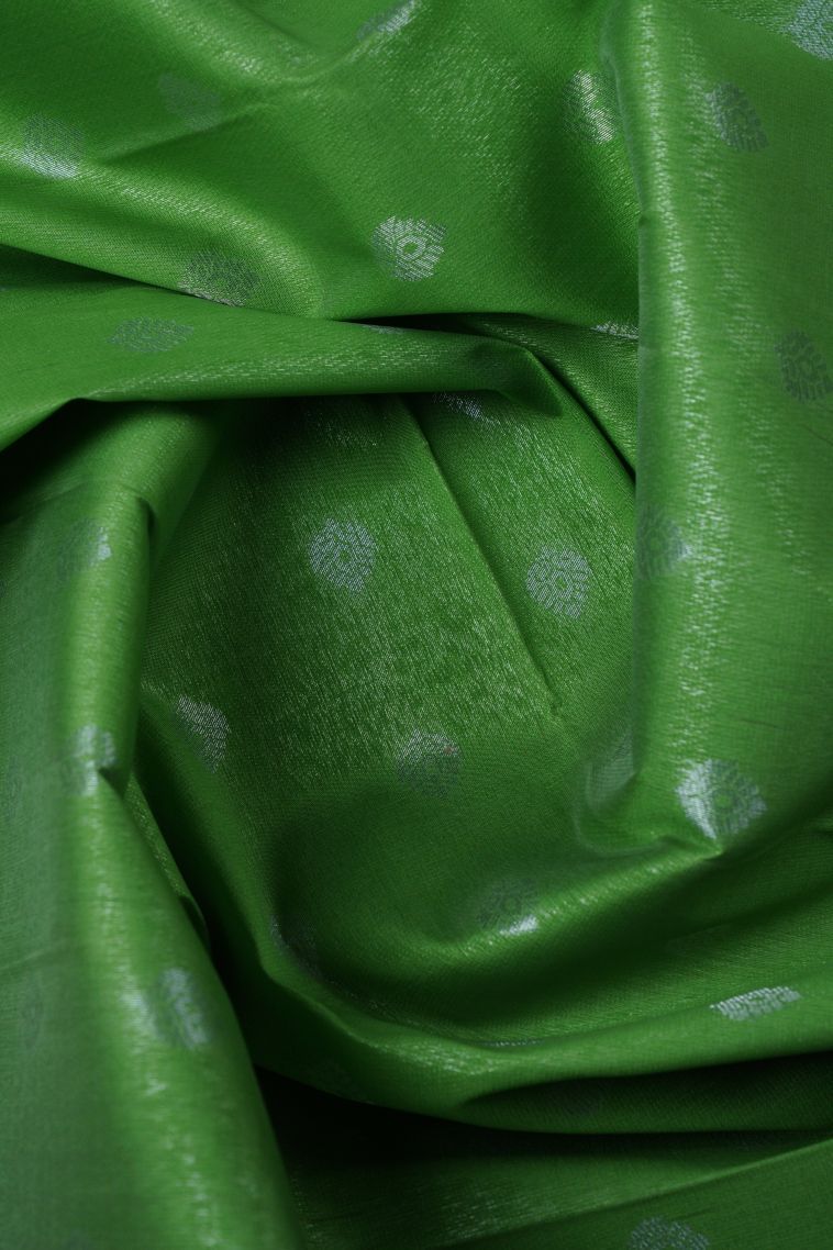 Parakeet Green Visiri Madippu Silk Sarees with Silver Zari Buttis (small Dots Or Motifs) view 4