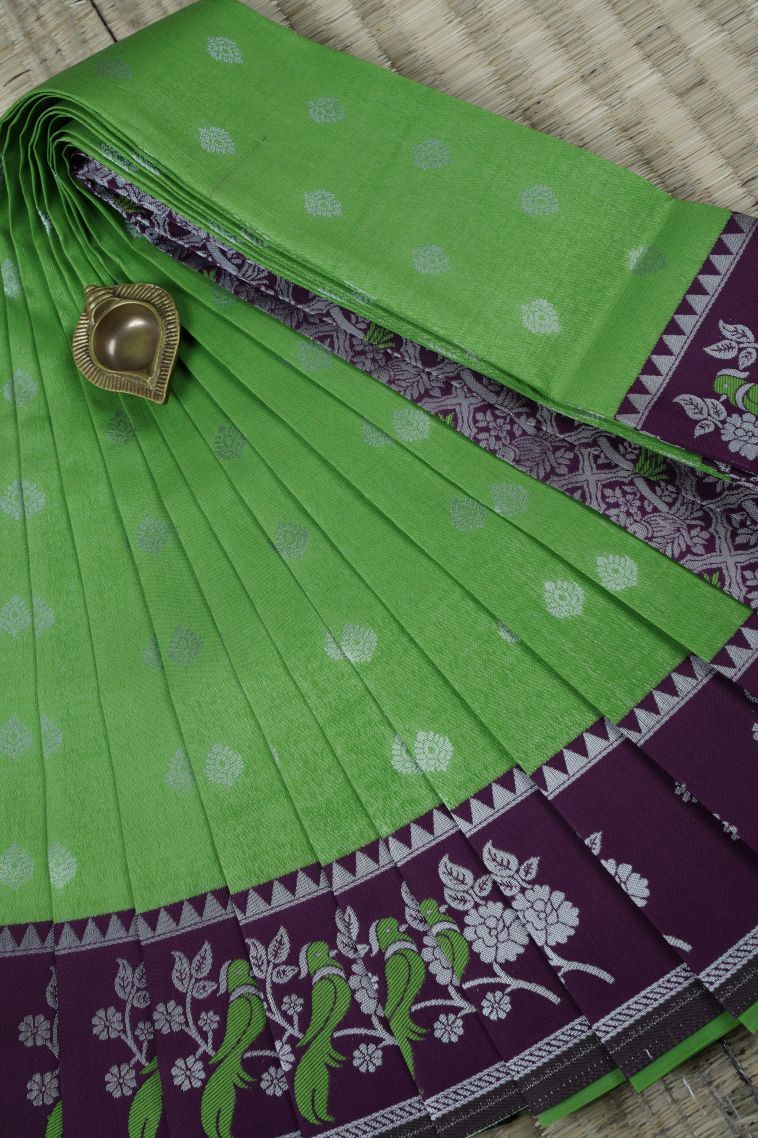 Parakeet Green Visiri Madippu Silk Sarees with Silver Zari Buttis (small Dots Or Motifs) view 1