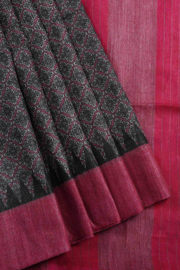 Charcoal Black Chanderi Cotton Sarees with Without Zari Zari Floral Patterns view 1
