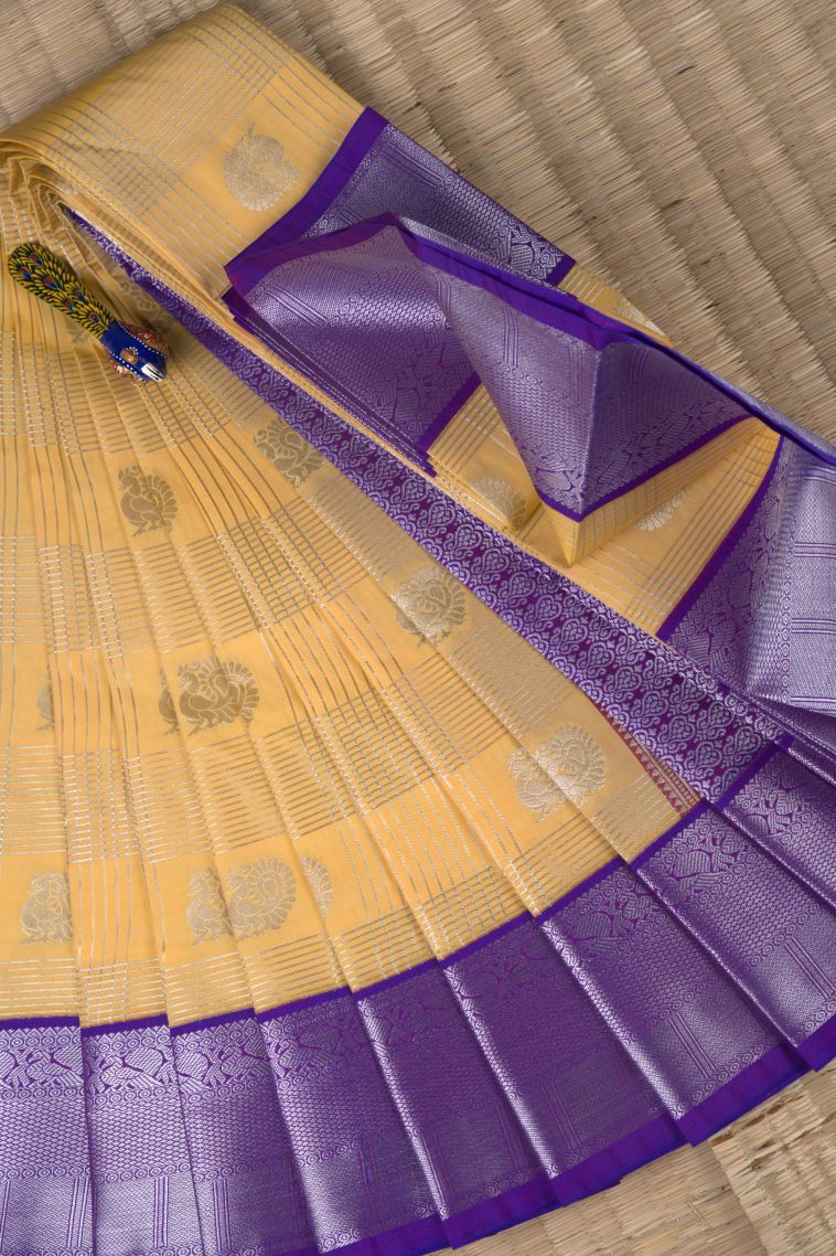Shortbread Yellow Visiri Madippu Silk Sarees with Silver Zari Checks view 1