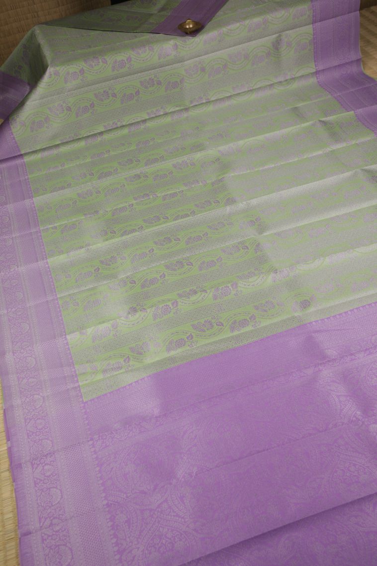 Pistachio Green Visiri Madippu Silk Sarees with Silver Zari Floral Patterns view 2