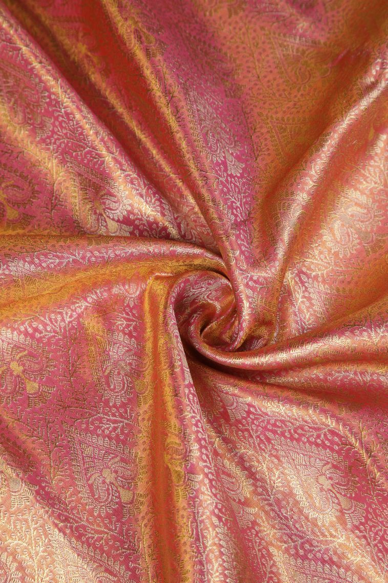 Peach Pink Kanchipuram Silk Sarees with Gold Zari Floral Patterns view 4