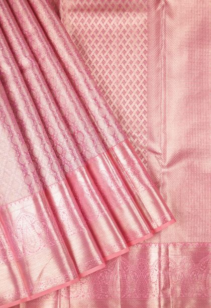 Rose Pink Kanchipuram Silk Sarees with Gold Zari Floral Patterns