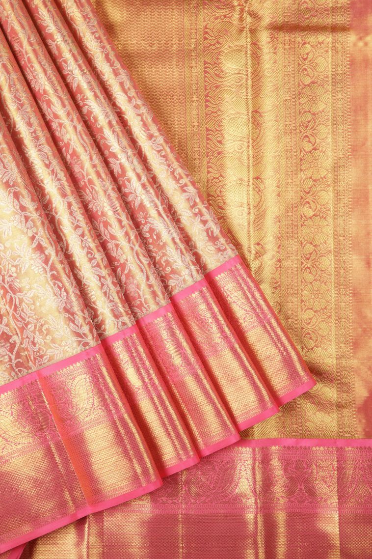 Peach Pink Kanchipuram Silk Sarees with Gold Zari Floral Patterns view 1