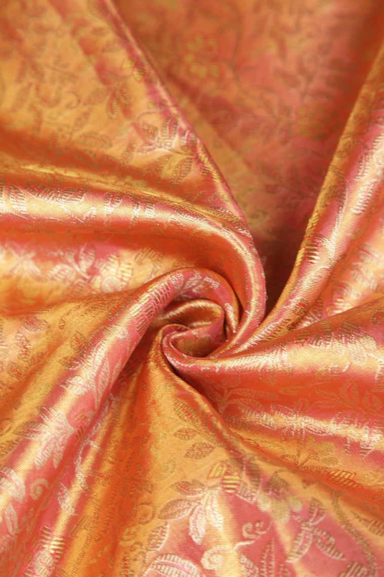 Peach Pink Kanchipuram Silk Sarees with Gold Zari Floral Patterns view 4