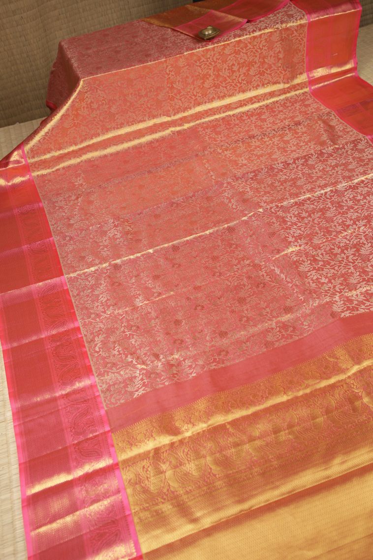 Peach Pink Kanchipuram Silk Sarees with Gold Zari Floral Patterns view 2