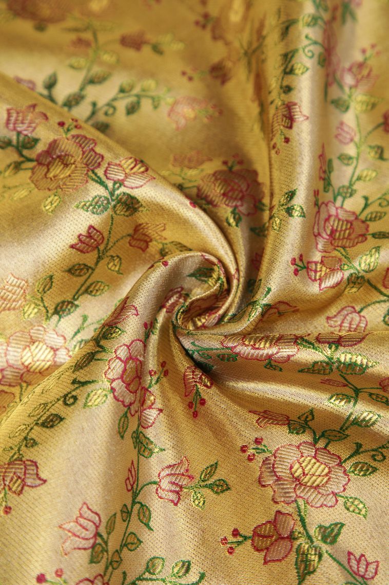 Gold Kanchipuram Silk Sarees with Gold Zari Floral Patterns view 4