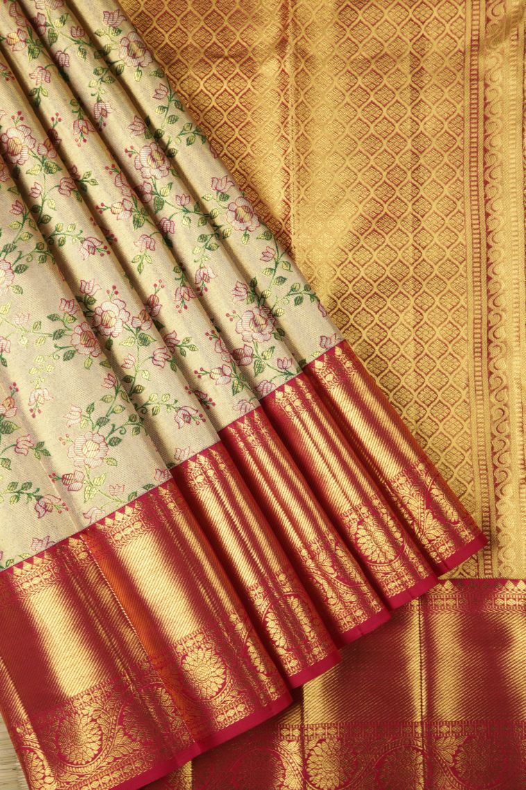 Gold Kanchipuram Silk Sarees with Gold Zari Floral Patterns view 1