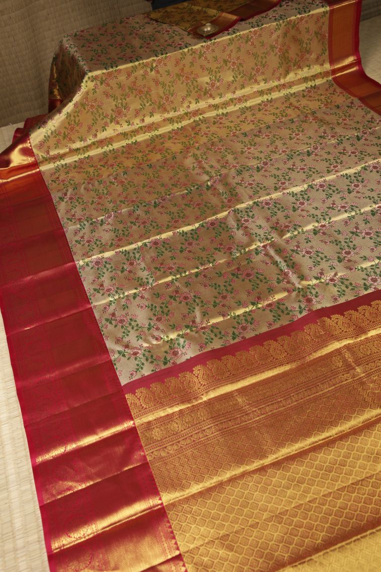 Gold Kanchipuram Silk Sarees with Gold Zari Floral Patterns view 2