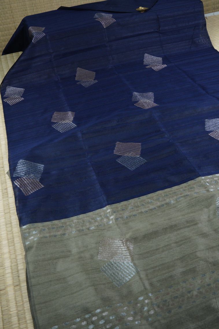 Navy Blue Tussar Saree with Gold Zari Buttis (small Dots Or Motifs) view 2