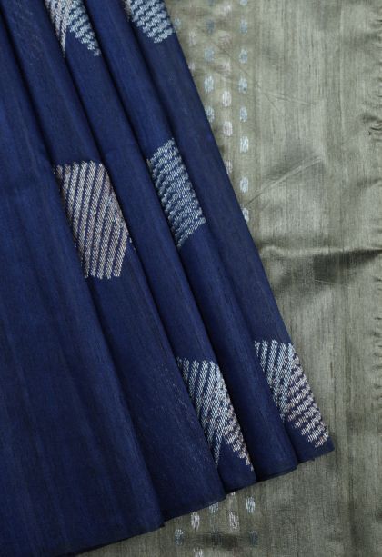 Navy Blue Tussar Saree with Gold Zari Buttis (small Dots Or Motifs)
