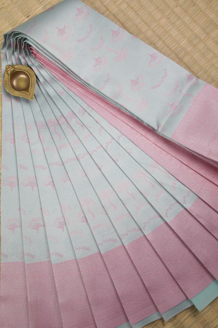 Arctic Blue Visiri Madippu Silk Sarees with Silver Zari Floral Patterns view 1