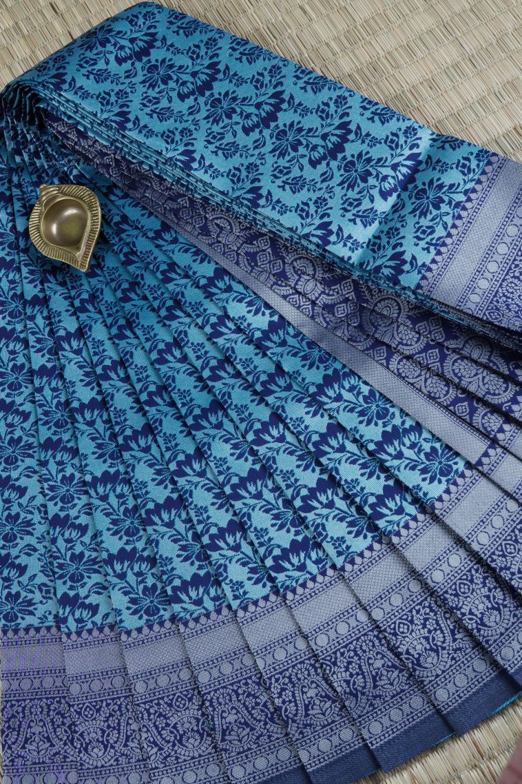 Azure Blue Visiri Madippu Silk Sarees with Silver Zari Floral Patterns view 1