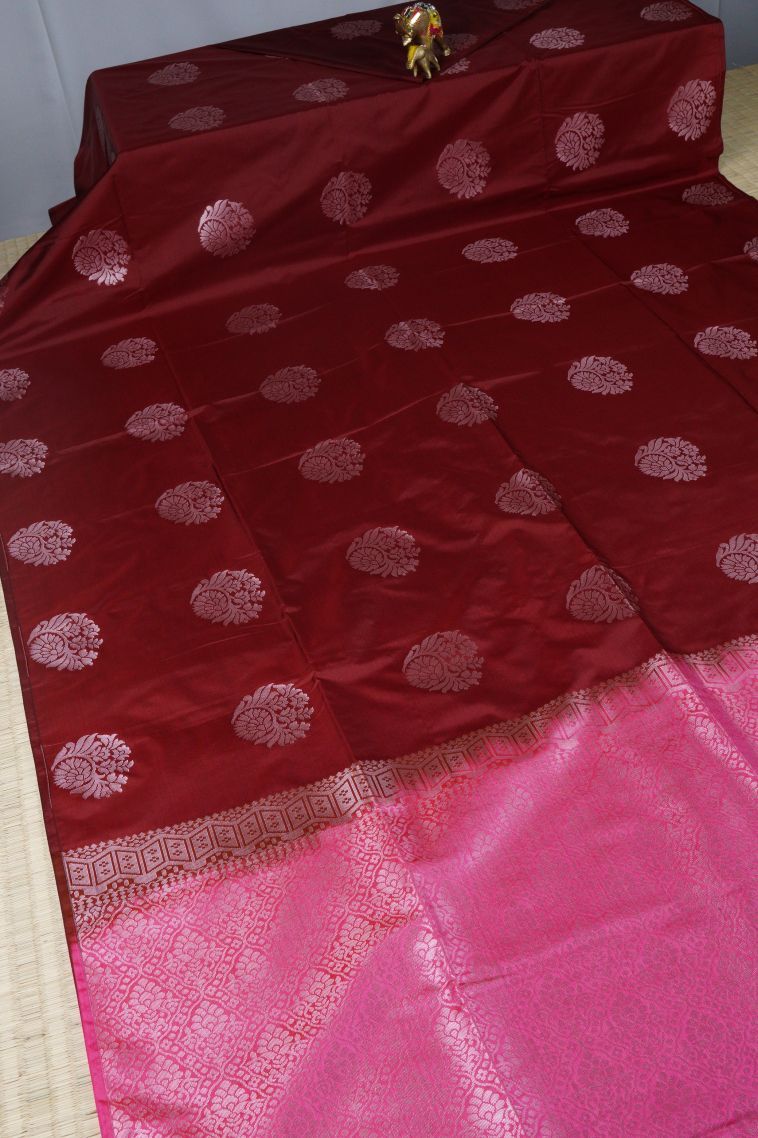 Berry Red Soft Silk Saree with Silver Zari Buttis (small Dots Or Motifs) view 2
