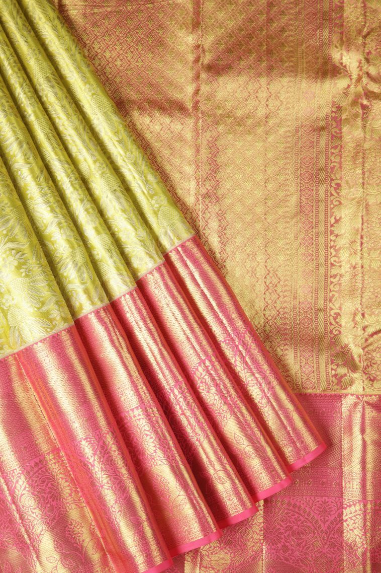 Lemon Yellow Kanchipuram Silk Sarees with Gold Zari Floral Patterns view 1