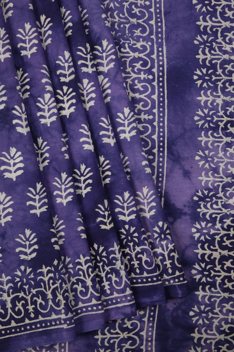 Berry Blue Cotton Sarees with Without Zari Zari Floral Patterns view 1