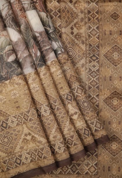 Chiffon White Tussar Saree with Without Zari Zari Floral Patterns