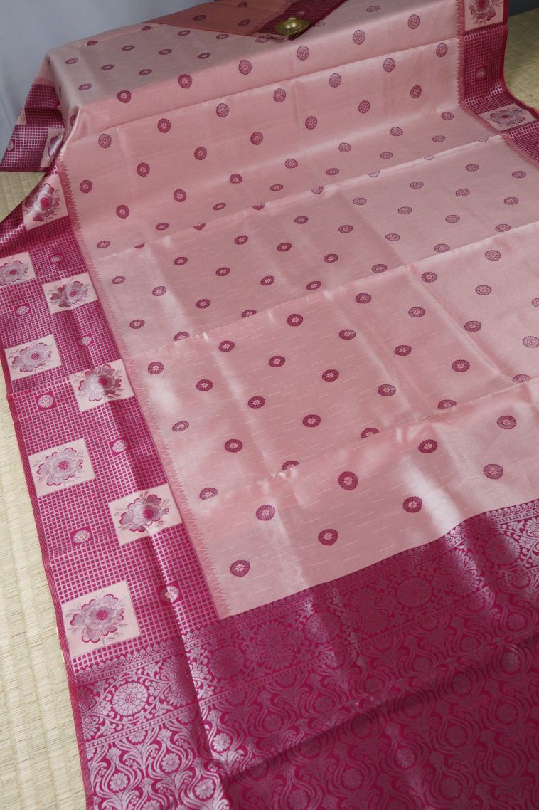 Lemonade Pink Apoorva Silk Sarees with Silver Zari Buttis (small Dots Or Motifs) view 2