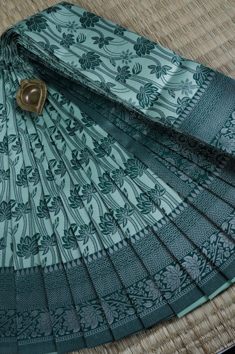 Pistachio Green Visiri Madippu Silk Sarees with Silver Zari Floral Patterns view 1