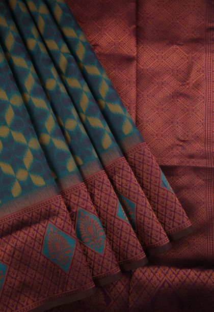 Aegean Blue Apoorva Silk Sarees with Copper Zari Geometric Shapes