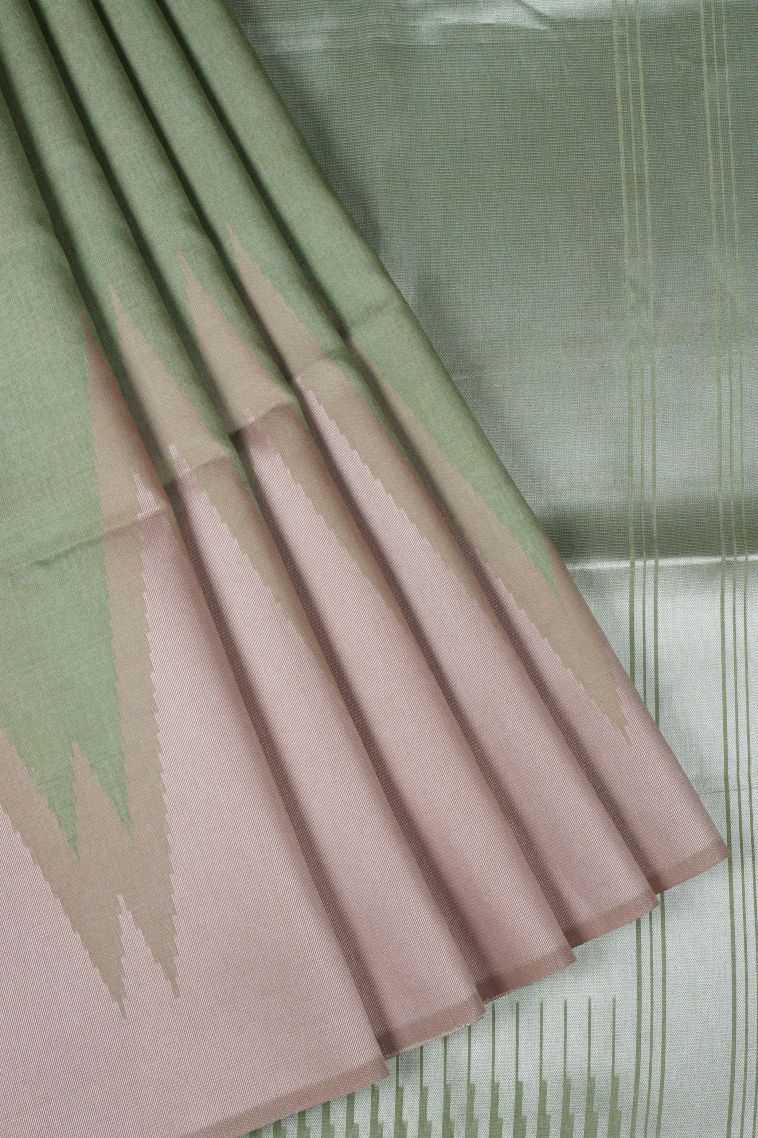 Olive Green Tussar Saree with Silver Zari Floral Patterns view 1