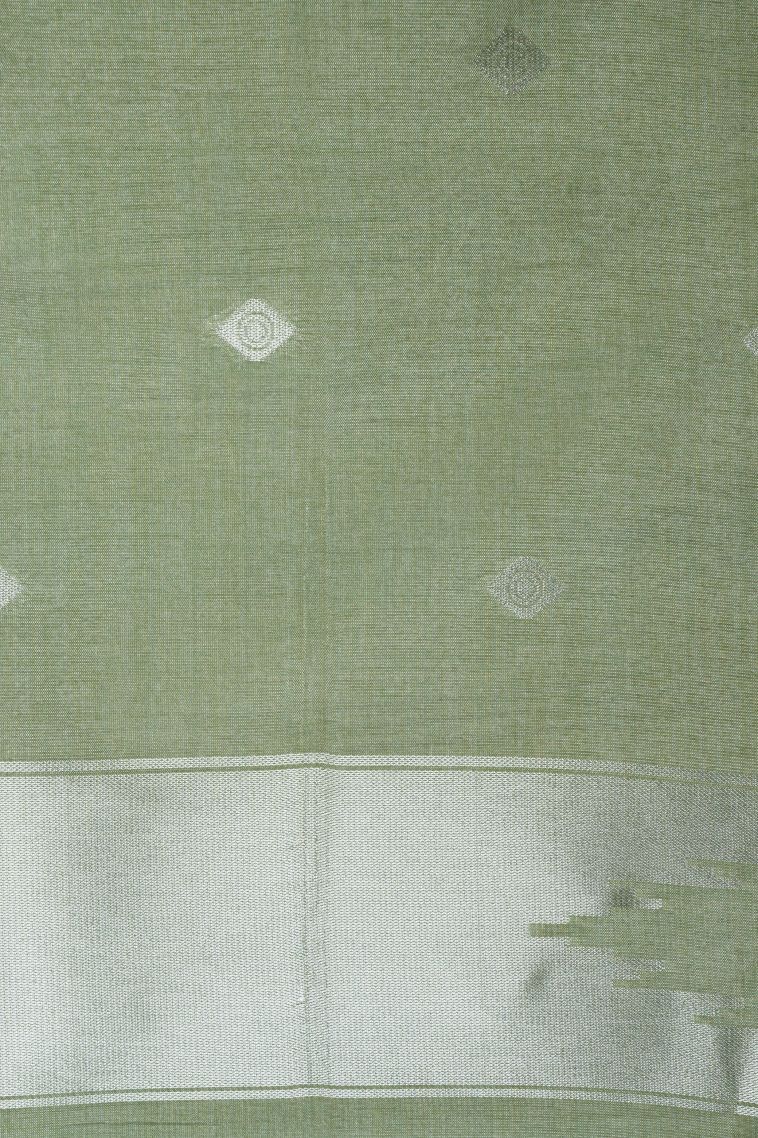 Olive Green Tussar Saree with Silver Zari Floral Patterns view 3