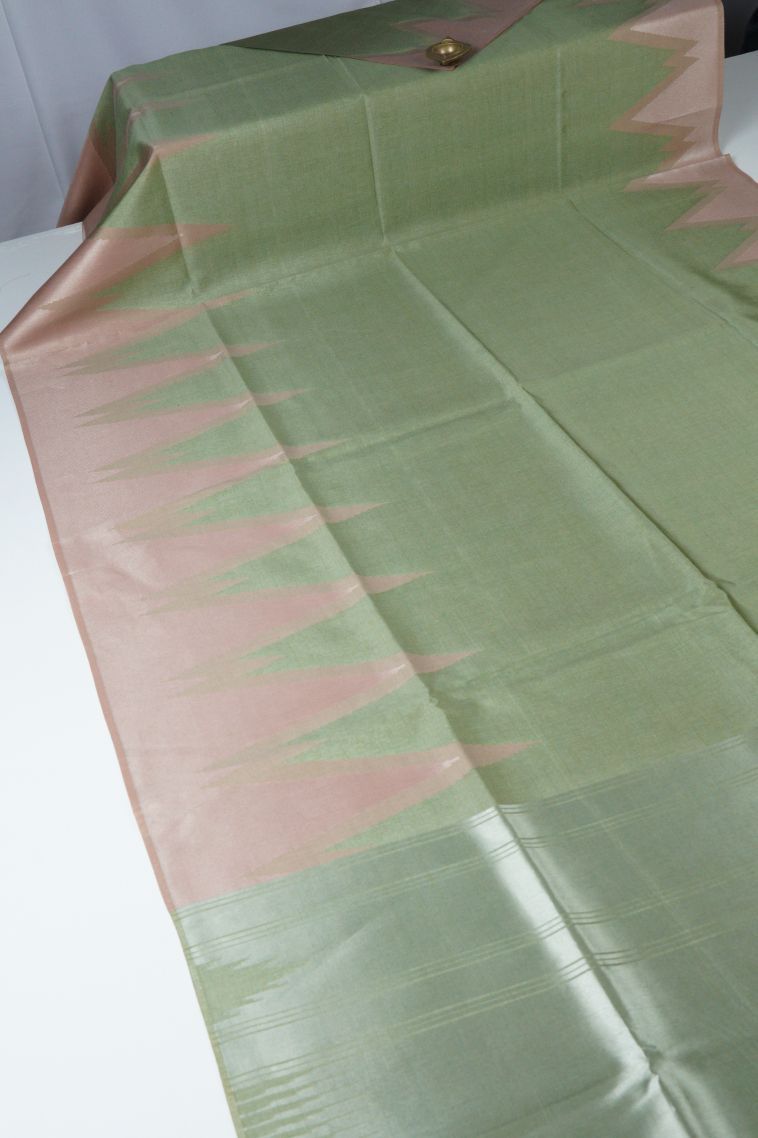 Olive Green Tussar Saree with Silver Zari Floral Patterns view 2