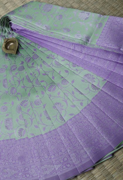 Pistachio Green Visiri Madippu Silk Sarees with Silver Zari Floral Patterns