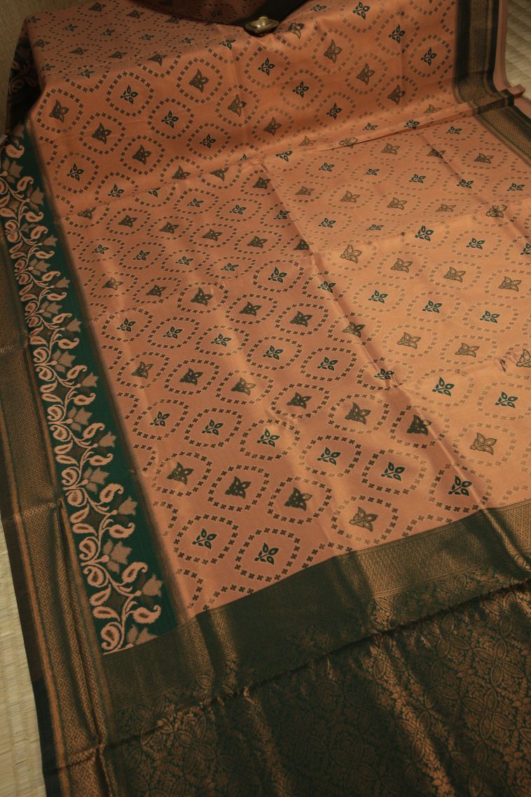 Peach Pink Apoorva Silk Sarees with Copper Zari Floral Patterns view 2