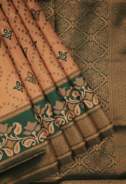Peach Pink Apoorva Silk Sarees with Copper Zari Floral Patterns