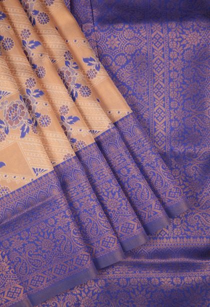Peach Pink Apoorva Silk Sarees with Copper Zari Floral Patterns