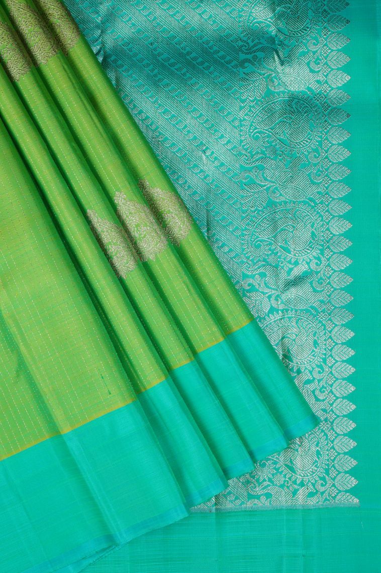 Chartreuse Green Kanchipuram Silk Sarees with Gold Zari Stripes view 1