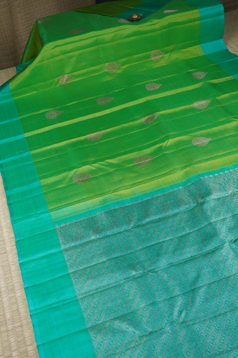 Chartreuse Green Kanchipuram Silk Sarees with Gold Zari Stripes view 2