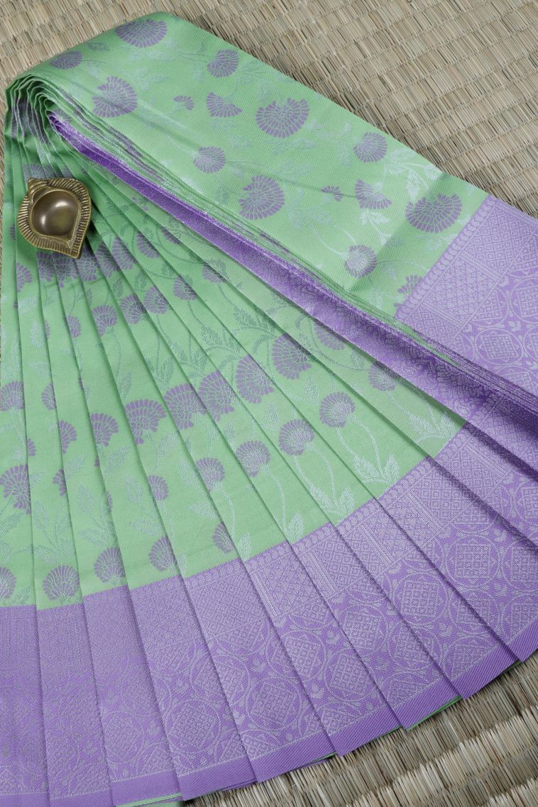 Pistachio Green Visiri Madippu Silk Sarees with Silver Zari Floral Patterns view 1