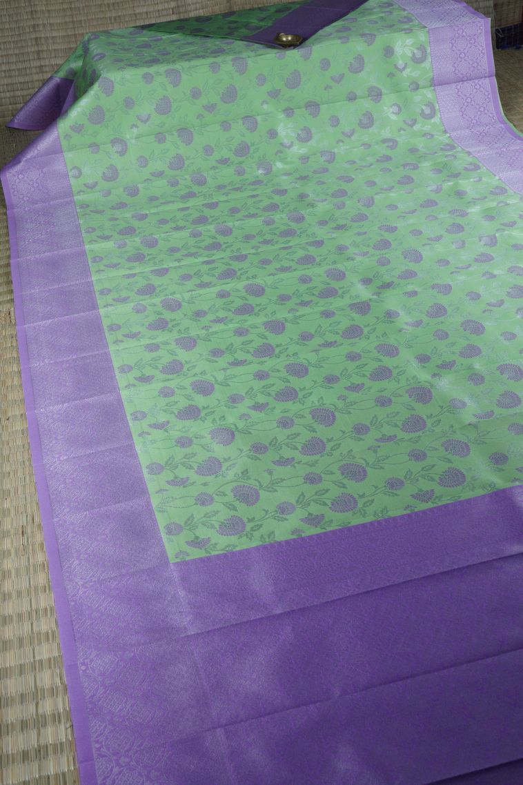 Pistachio Green Visiri Madippu Silk Sarees with Silver Zari Floral Patterns view 2