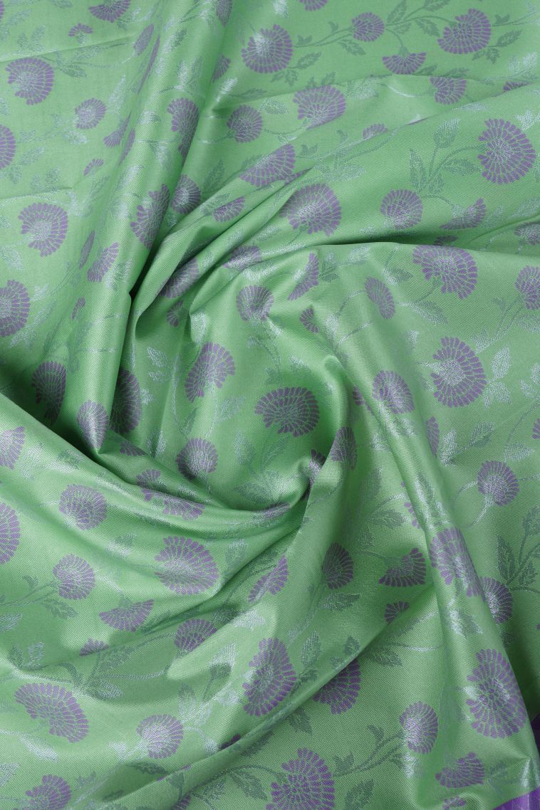 Pistachio Green Visiri Madippu Silk Sarees with Silver Zari Floral Patterns view 4