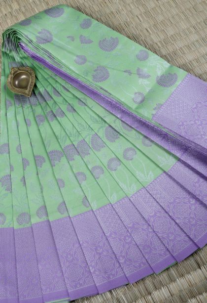 Pistachio Green Visiri Madippu Silk Sarees with Silver Zari Floral Patterns