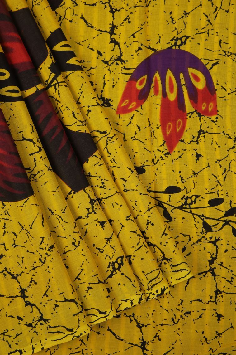 Lemon Yellow Cotton Sarees with Without Zari Zari Floral Patterns view 1