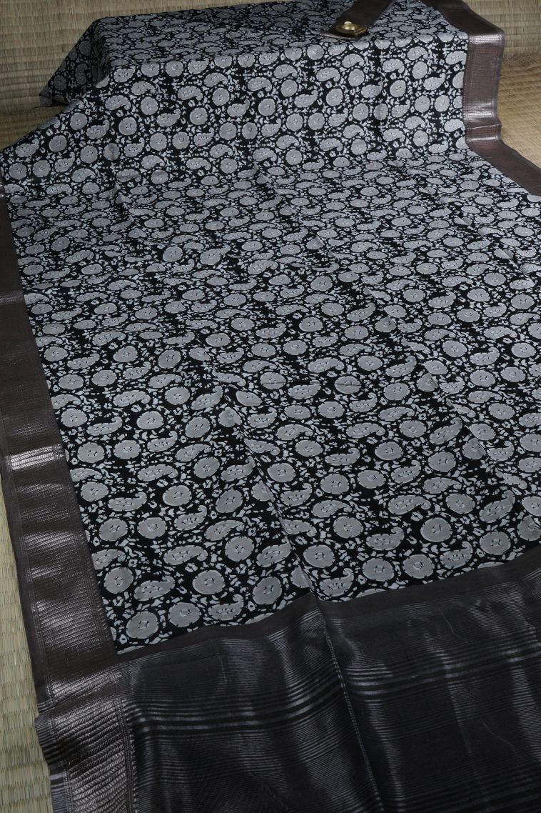 Asphalt Black Chanderi Cotton Sarees with Without Zari Zari Paisley (mango Design) view 2
