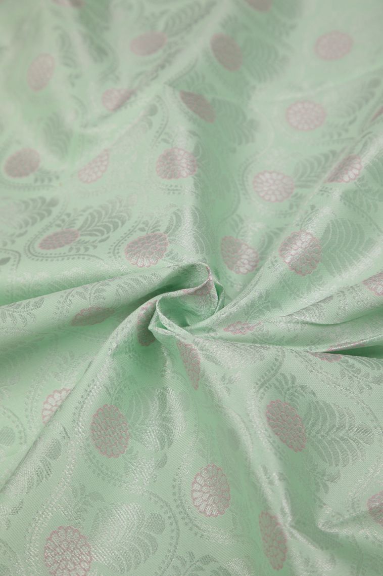 Pistachio Green Visiri Madippu Silk Sarees with Silver Zari Floral Patterns view 4
