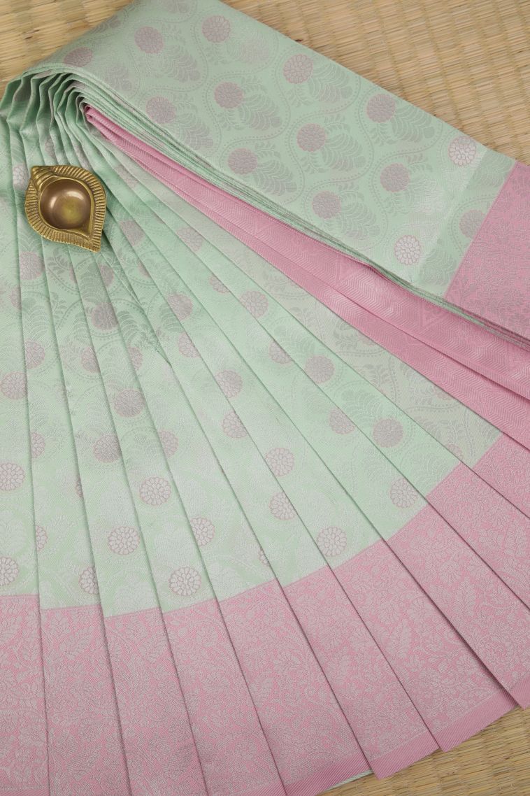Pistachio Green Visiri Madippu Silk Sarees with Silver Zari Floral Patterns view 1