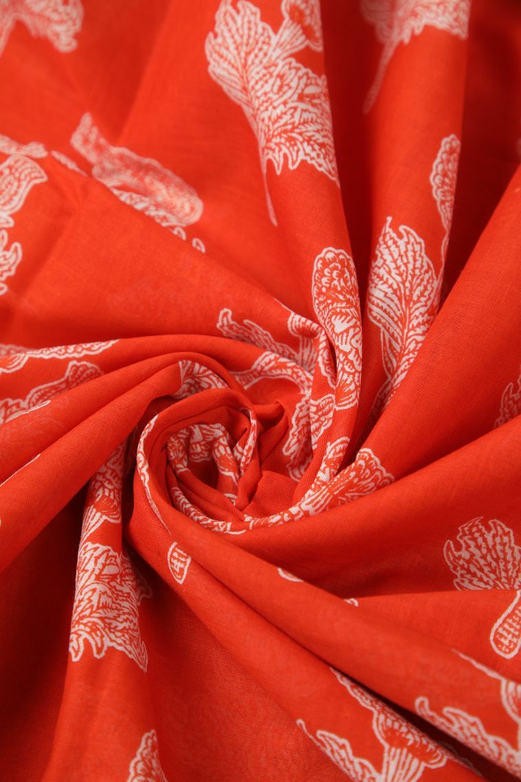 Fire Orange Cotton Sarees with Without Zari Zari Floral Patterns view 4