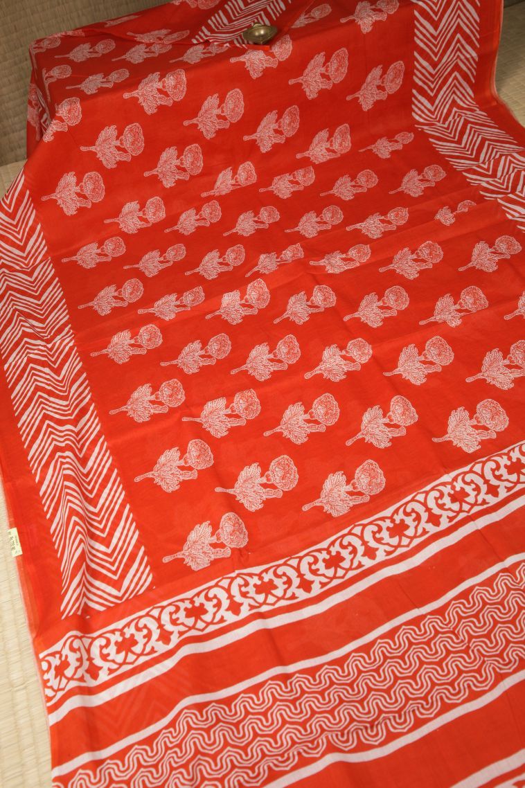 Fire Orange Cotton Sarees with Without Zari Zari Floral Patterns view 2
