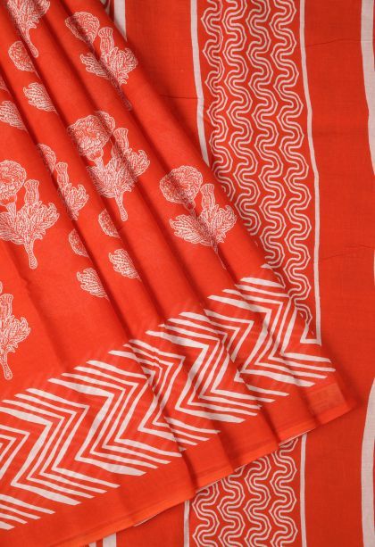 Fire Orange Cotton Sarees with Without Zari Zari Floral Patterns