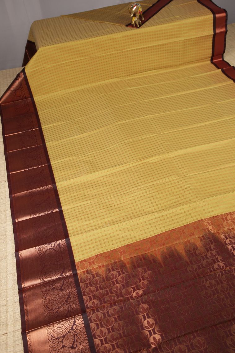 Lemon Yellow Visiri Madippu Silk Sarees with Copper Zari Checks view 2
